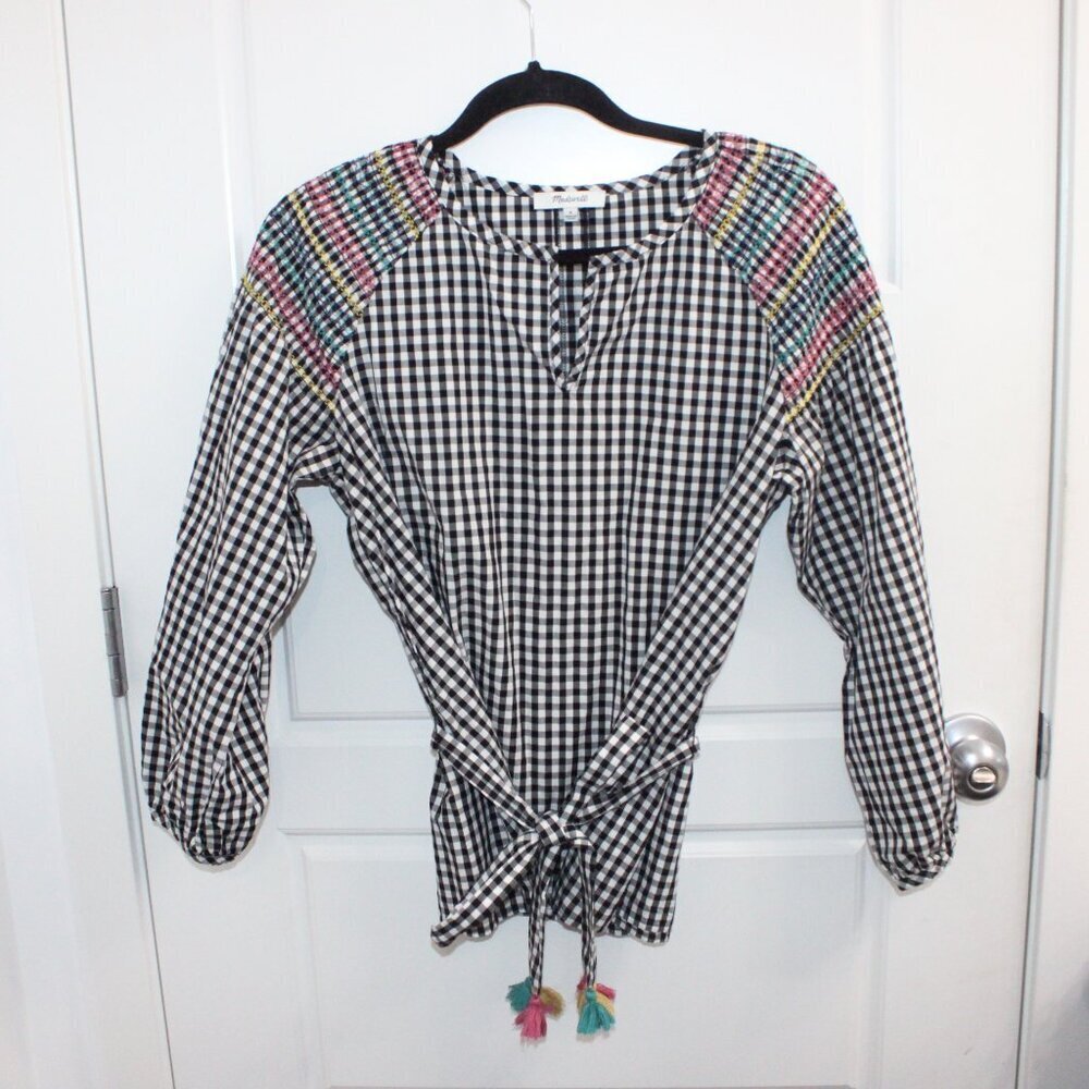 Madewell Smocked Black Gingham Blouse Size Small‎
